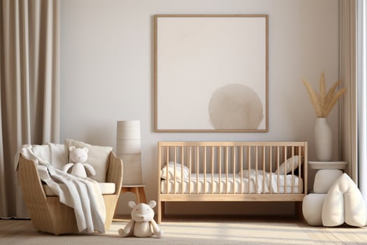 Mock up frame in children room with natural wooden furniture, Farmhouse style interior background, 3D render ai generative photo