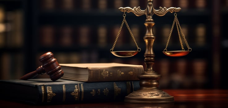 3d rendered Law legal system justice crime concept mallet gavel hammer and scales on table ai generative photo