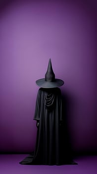 A black witch mannequin on purple background with copy space. Halloween decoration. Halloween concept. Generative AI. photo