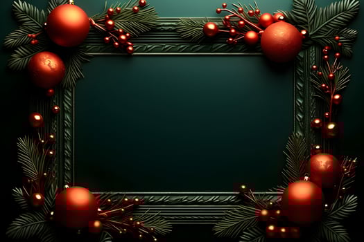 christmas frame with red and gold decorations on a green background. generative ai photo