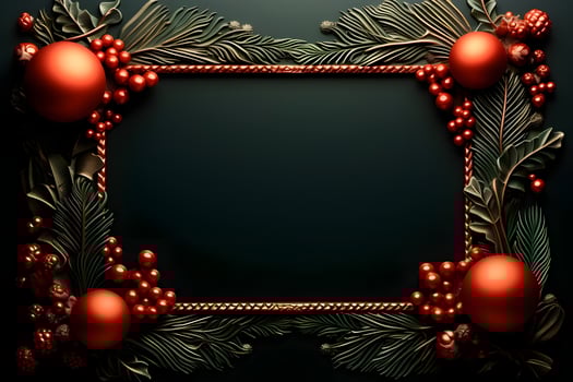 christmas frame with red and gold decorations on a green background. generative ai photo