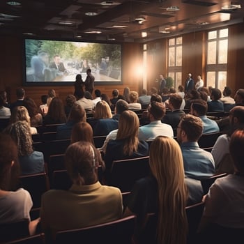 Rear side of audiences sitting and listening the speackers on the stage ai generative photo