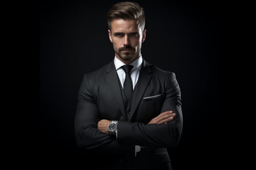 A business man stands against blackbackground with his arms crossed. ai generative photo