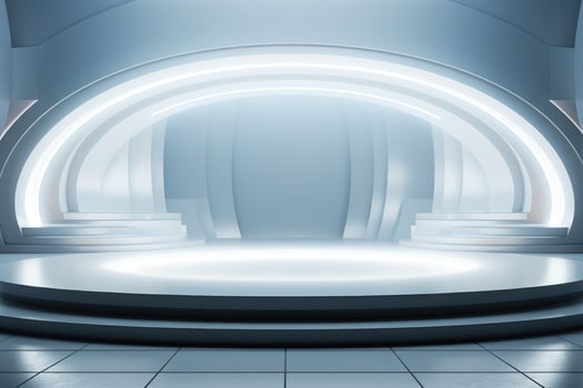 Futuristic geometric stage with white abstract light and advertisement shelf photo