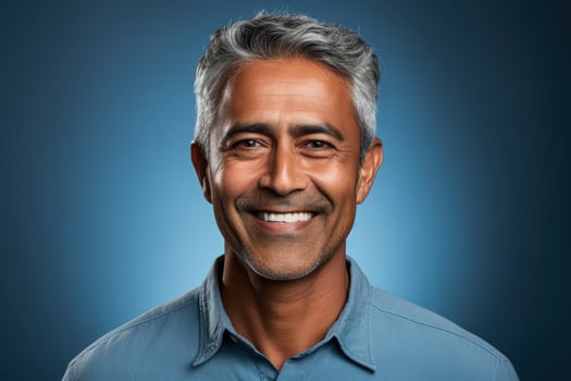Indian man 70s with short grey hair photographed against blue background photo