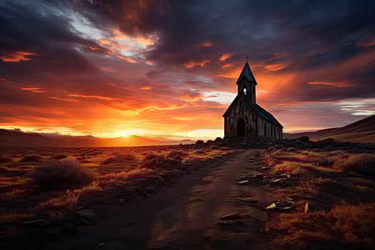 AI generated abandoned catholic church and road at sunset or dawn photo