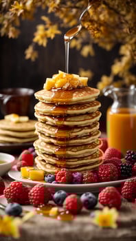 The succulent moment of pouring golden honey over a stack of fluffy pancakes Generative ai photo