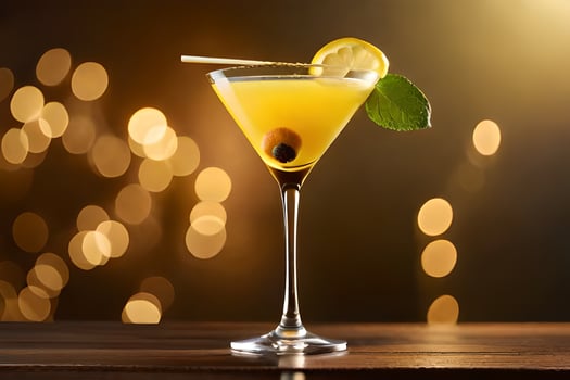 cocktail with lemon and olive on a wooden table. AI-Generated photo