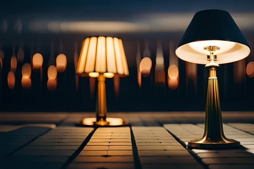 two lamps are sitting on a table in front of a dark background. AI-Generated photo
