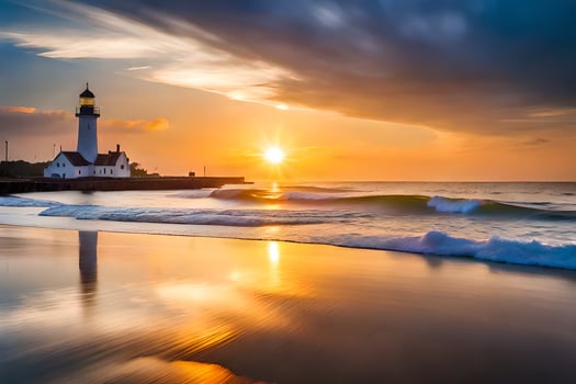 the sun sets over a lighthouse on the beach. AI-Generated photo