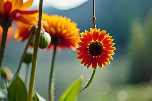 orange flowers are in the foreground with a mountain in the background. AI-Generated photo