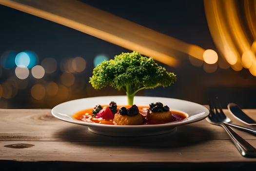 a plate with food and a tree on a table. AI-Generated photo