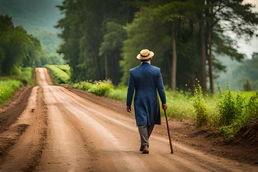 a man in a blue suit walks down a dirt road. AI-Generated photo