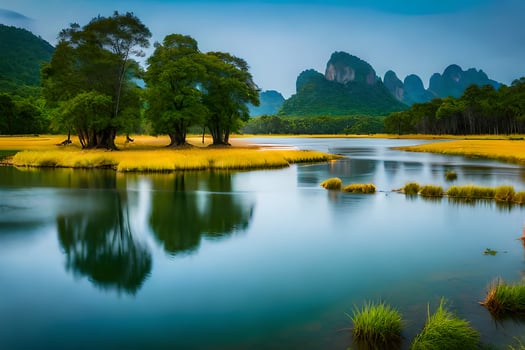 the mountains and river in china. AI-Generated photo
