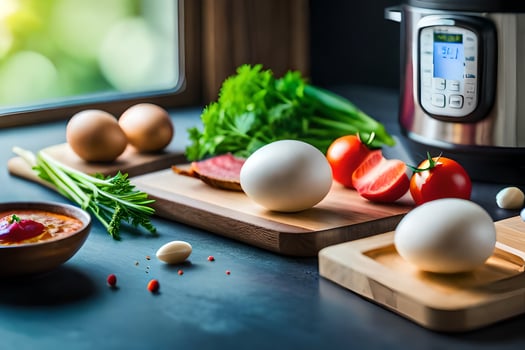 an instant pot, eggs, tomatoes and other ingredients on a table. AI-Generated photo