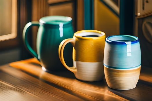 three colorful mugs sitting on a wooden table. AI-Generated photo