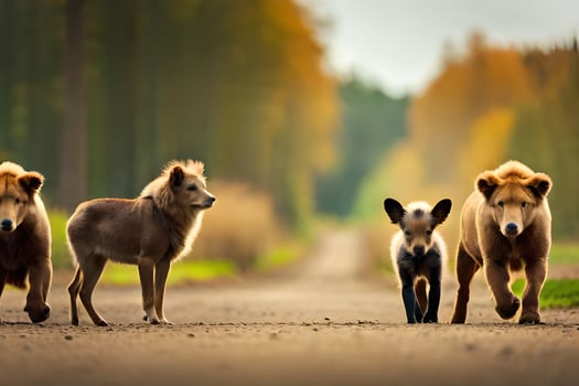 four animals walking on a road in the woods. AI-Generated photo
