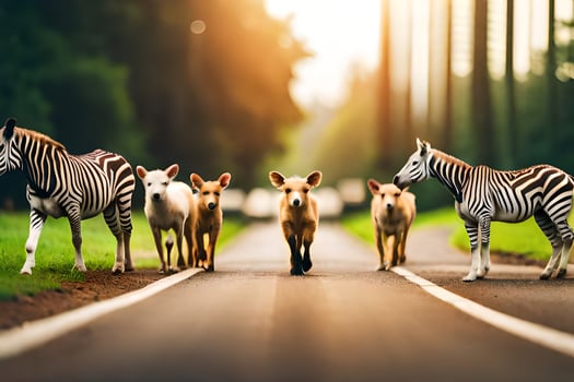 a group of zebras and a pig crossing a road. AI-Generated photo