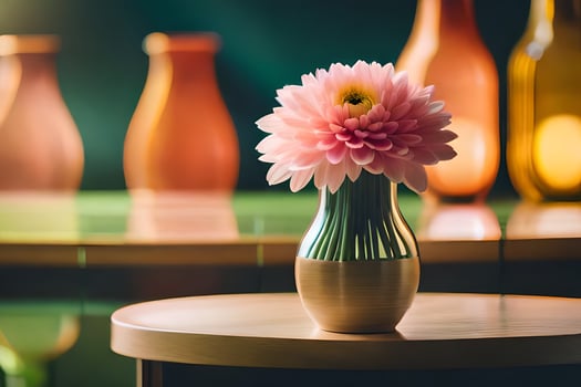 a pink flower is sitting in a vase on a table. AI-Generated photo
