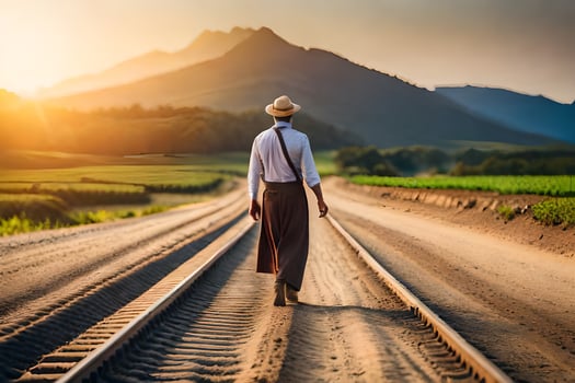 a man in a hat walks along railroad tracks. AI-Generated photo