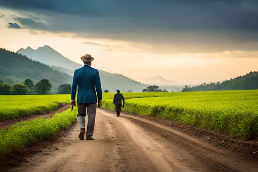 two men walking down a dirt road in a field. AI-Generated photo