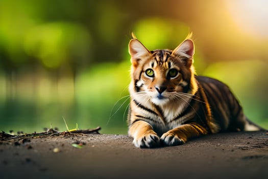 a tiger is sitting on the ground in front of a pond. AI-Generated photo