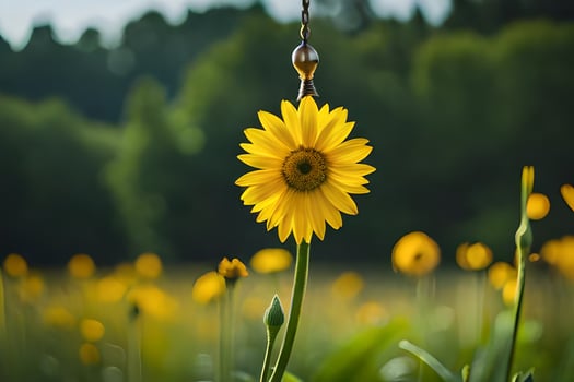 yellow sunflower hanging from a metal chain. AI-Generated photo