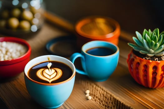 a coffee cup with a heart design and a cup of coffee with beans. AI-Generated photo