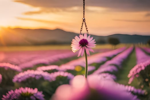 a purple flower is hanging from a chain in a field. AI-Generated photo