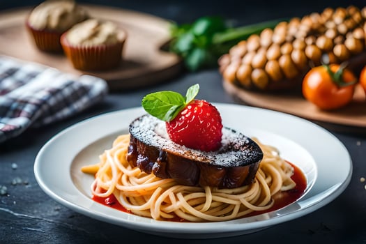 spaghetti with meat and a strawberry. AI-Generated photo
