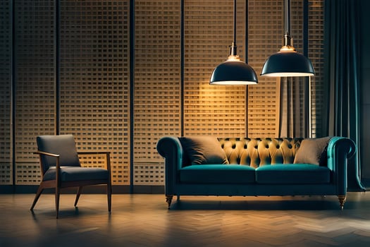 a living room with a blue couch and two lamps. AI-Generated photo