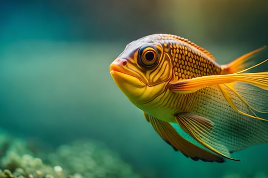 a fish with a yellow and black body swimming in the water. AI-Generated photo