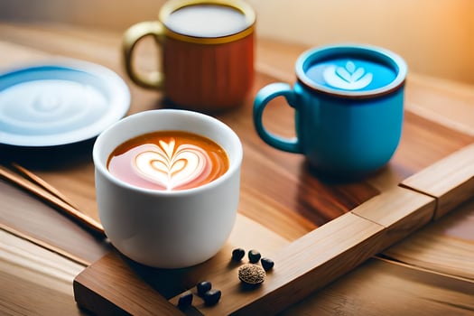 three coffee cups with latte art on them. AI-Generated photo