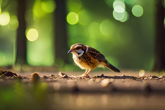 a small bird standing on the ground in the forest. AI-Generated photo