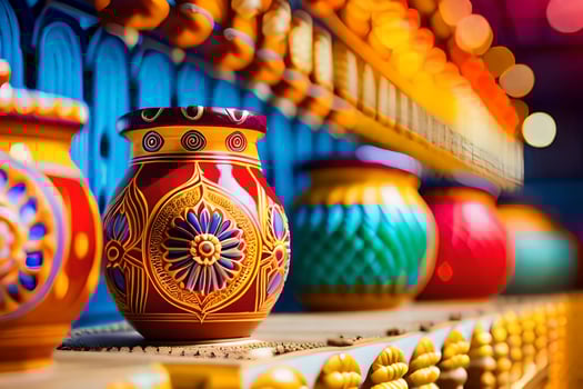 colorful vases are lined up on a shelf. AI-Generated photo