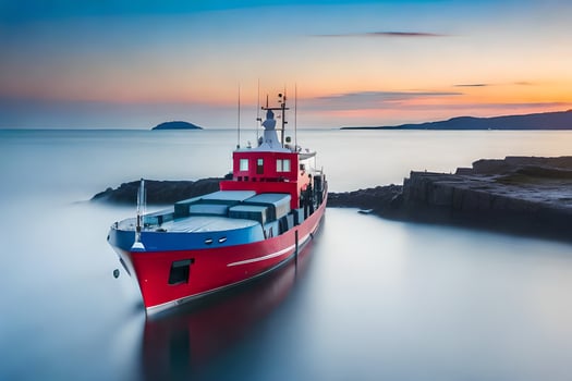 a red boat is sailing in the ocean at sunset. AI-Generated photo