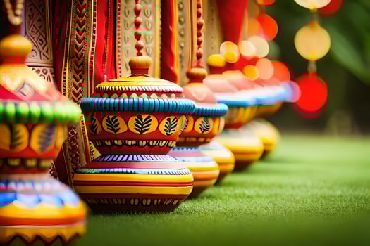colorful decorative pots lined up on the grass. AI-Generated photo