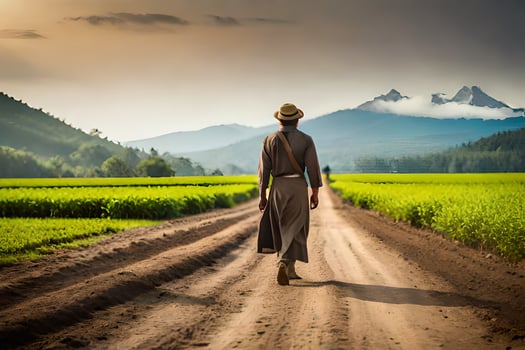 a man in a long robe walks down a dirt road. AI-Generated photo