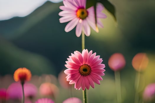 pink flowers in a field with mountains in the background. AI-Generated photo