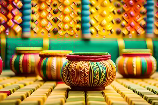colorful pots on a table with colorful decorations. AI-Generated photo