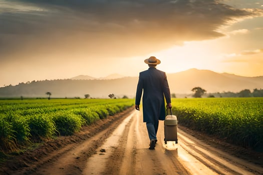 a man in a hat and suit walking down a dirt road with a suitcase. AI-Generated photo