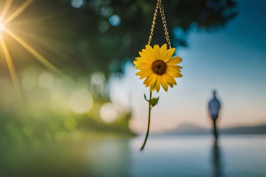 a sunflower hanging from a chain by the water. AI-Generated photo