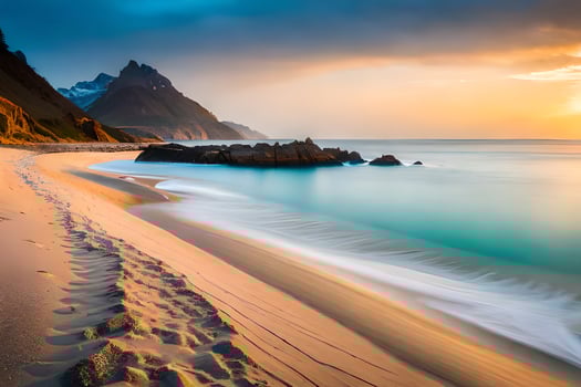 the beach and the mountains in the background. AI-Generated photo
