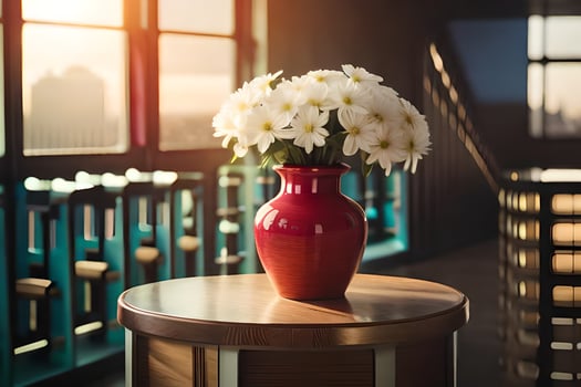 a vase of flowers on a table in front of a window. AI-Generated photo