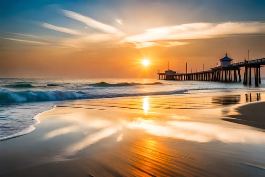 the sun rises over the ocean and pier in the background. AI-Generated photo