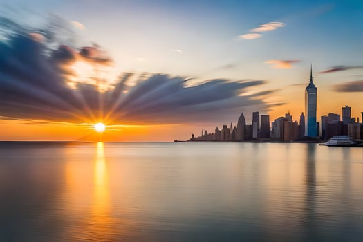 the sun rises over the manhattan skyline. AI-Generated photo