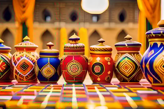 colorful decorative jars on a table. AI-Generated photo