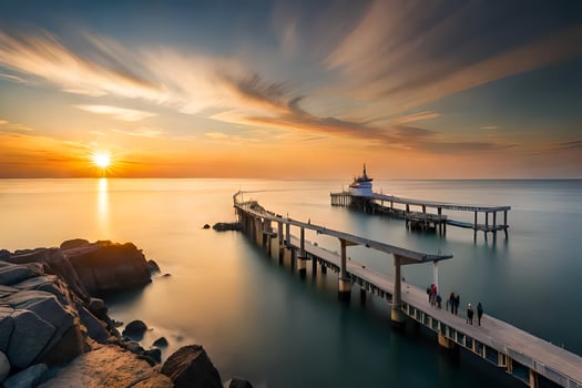a pier at sunset with a boat in the water. AI-Generated photo