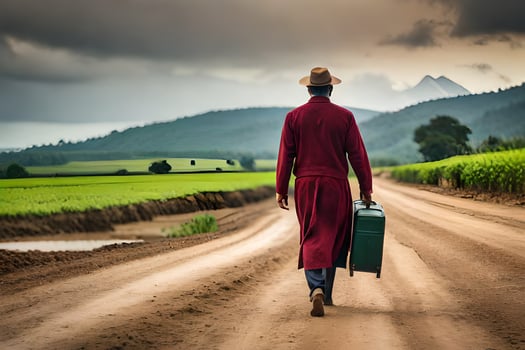 a man in a red coat carrying a suitcase on a dirt road. AI-Generated photo