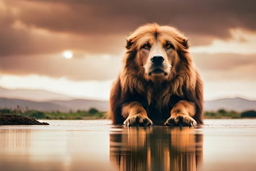 a lion sitting in the water at sunset. AI-Generated photo